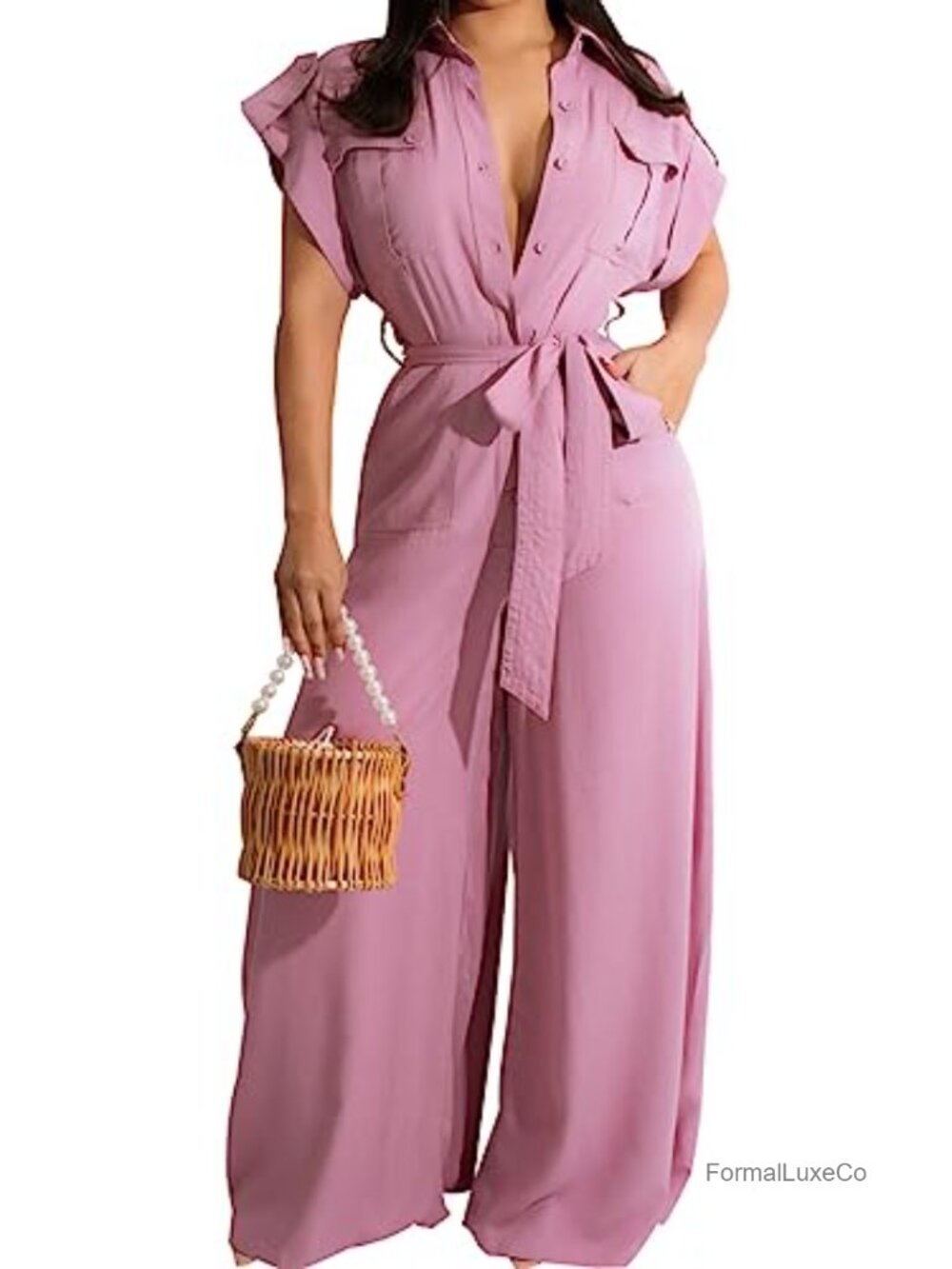 Wide Leg Jumpsuit Short Sleeve Belted Club Party Work Romper